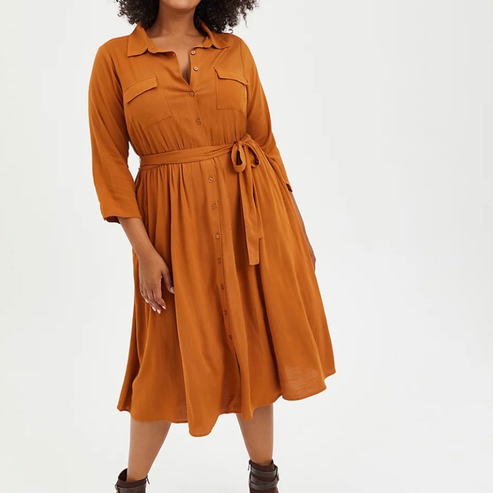 Torrid Textured Stretch Rayon Light Brown Belted Midi Shirt Dress 1X